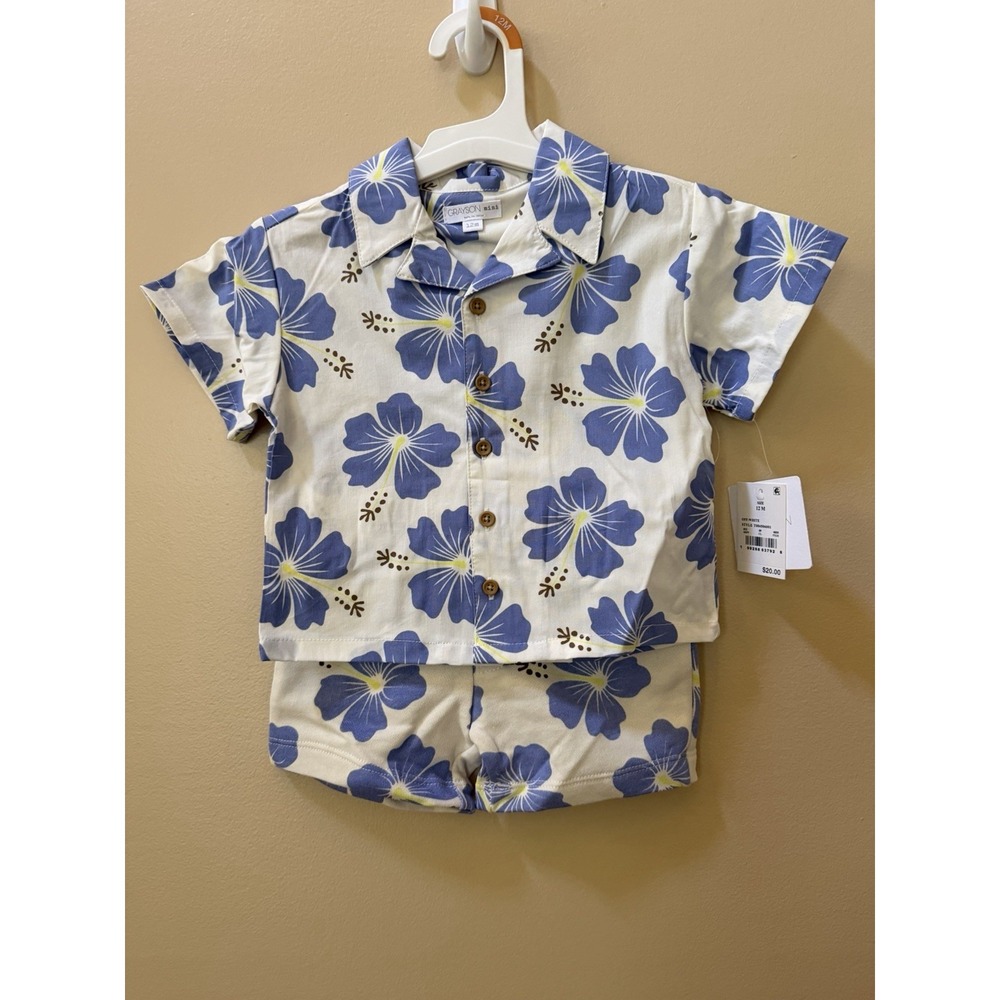 Grayson Mini Toddler Boy's Button Down Short Sleeve Shirt & Shorts Set 12M NWT